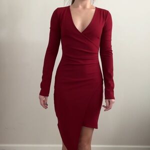 Lulu's Wine Red Long Sleeve V-Neck Wrap Dress
